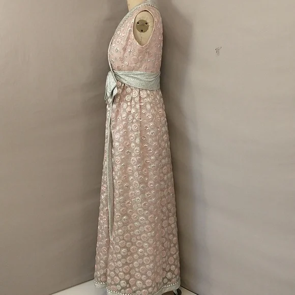 Sixties Silver & Pink Metallic Gown 60s Designer Maxi Feminine Glitter Sz 8 10